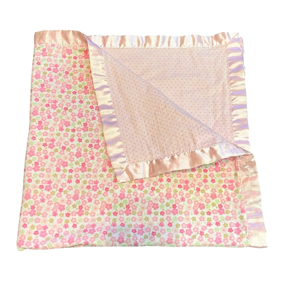 Vintage Carters Child Mine Pink Flower Satin Trim Edges Polka Dots Baby Blanket